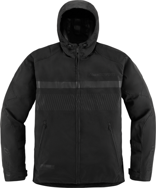 Black ICON PDX3™ jacket in 2XL size, featuring a sleek design with visible zippers and a modern fit, by Bill's Exhausts.
