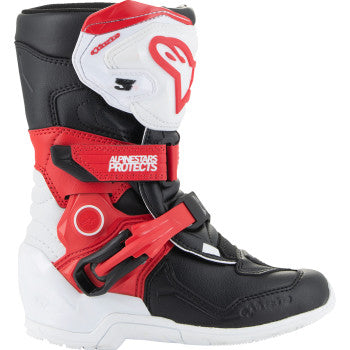 Kids ALPINESTARS Tech 3S motorcycle boots in red, black, and white with US size 12, featuring protective design and sturdy construction.