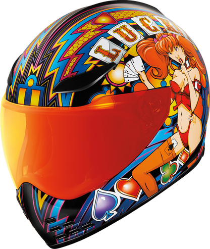 Red ICON Domain™ Helmet Lucky Lid 4 in large size, featuring a sleek design and safety features, by Bill's Exhausts.