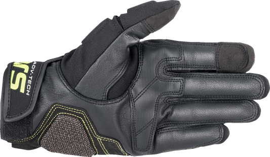 Alpinestars Halo Gloves in Forest Black and Fluo Yellow, 3XL size, showing protective motorcycle glove with branding and vibrant color accents.
