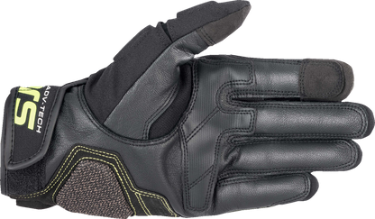 Alpinestars Halo motorcycle gloves in forest black and fluo yellow, medium size, with protective knuckle guards and adjustable wrist strap.