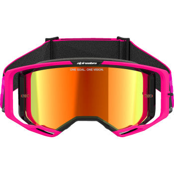 Bill's Exhausts Alpinstars Vision 8 Goggle in pink with red mirror lens, featuring a sleek design and adjustable strap.