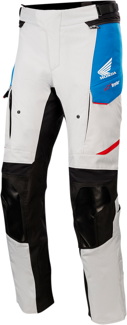 Alpinestars Honda Andes v3 Drystar® motorcycle pants in gray, blue, and red with protective padding, size small.