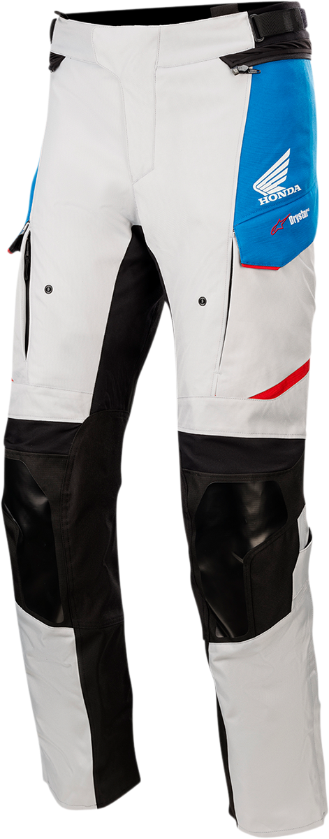 Alpinestars Honda Andes v3 Drystar® motorcycle riding pants in gray, blue, and red, size 4XL, with reinforced knee areas and secure closures.