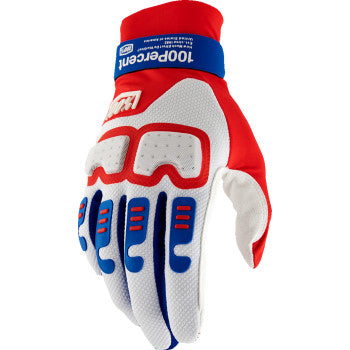 Bill's Exhausts Langdale Gloves in red, white, and blue, large size, showing a close-up of the colorful, durable gloves.