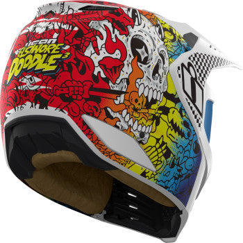 White ICON Elsinore™ helmet with Doodle 3 design, size XL, featuring sleek aerodynamic shape and ventilation openings.