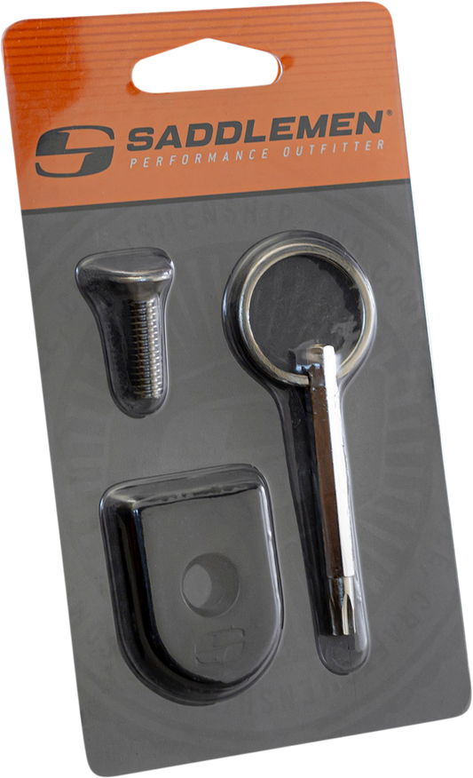 Black SADDLEMEN Security Seat Screw for motorcycle seats, designed for secure fastening by Bill's Exhausts.