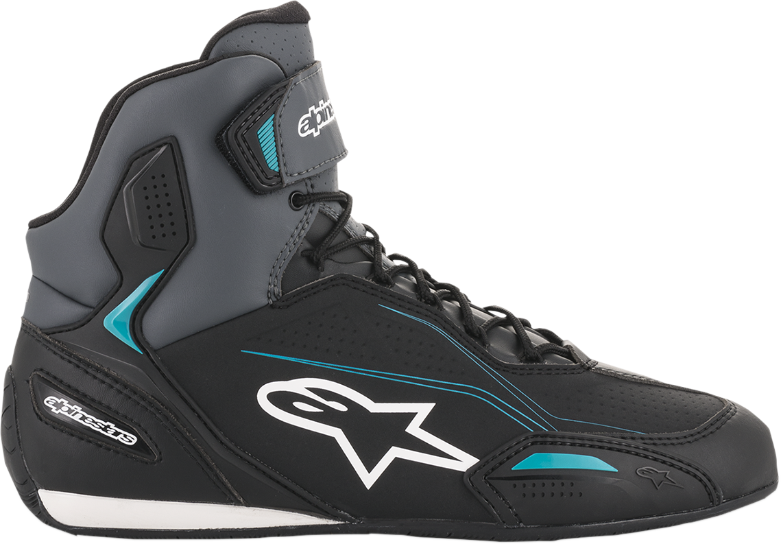 Alpinestars Stella Faster-3 black, gray, and blue motorcycle shoes with protective design and sporty look, US size 8.
