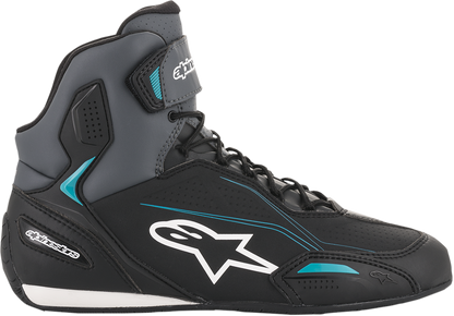 Alpinestars Stella Faster-3 black, gray, and blue motorcycle shoes with protective design and sporty look, US size 8.