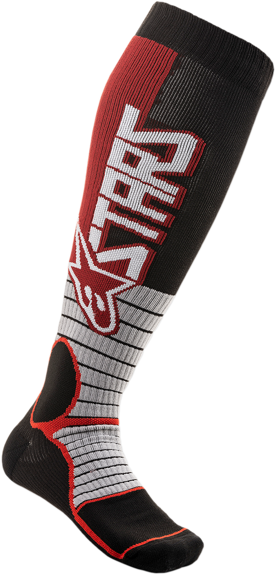 Alpinestars MX Pro Socks in burgundy and black, large size, featuring reinforced cushioning and breathable fabric for motocross riding.