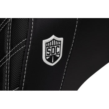 SADDLEMEN Pro Series SDC performance motorcycle seat with carbon fiber and lumbar gripper, white stitching for Dyna '06-'17.