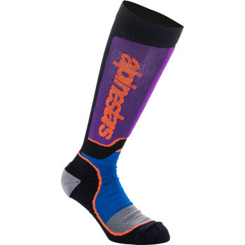 Alpinestars Youth MX Plus socks in black, purple, blue, and orange with reinforced areas for motocross riding.
