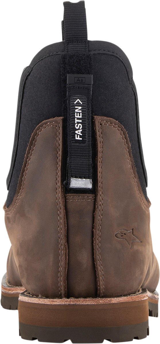 Alpinestars Turnstone motorcycle boots in black and brown, US size 9, featuring sturdy construction and ankle protection.