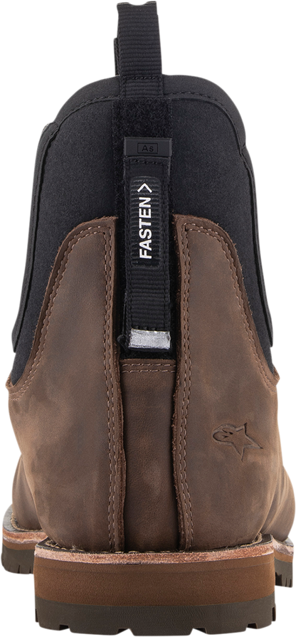 Alpinestars Turnstone motorcycle boots in black and brown, US 11.5, featuring sturdy leather construction and protective design.