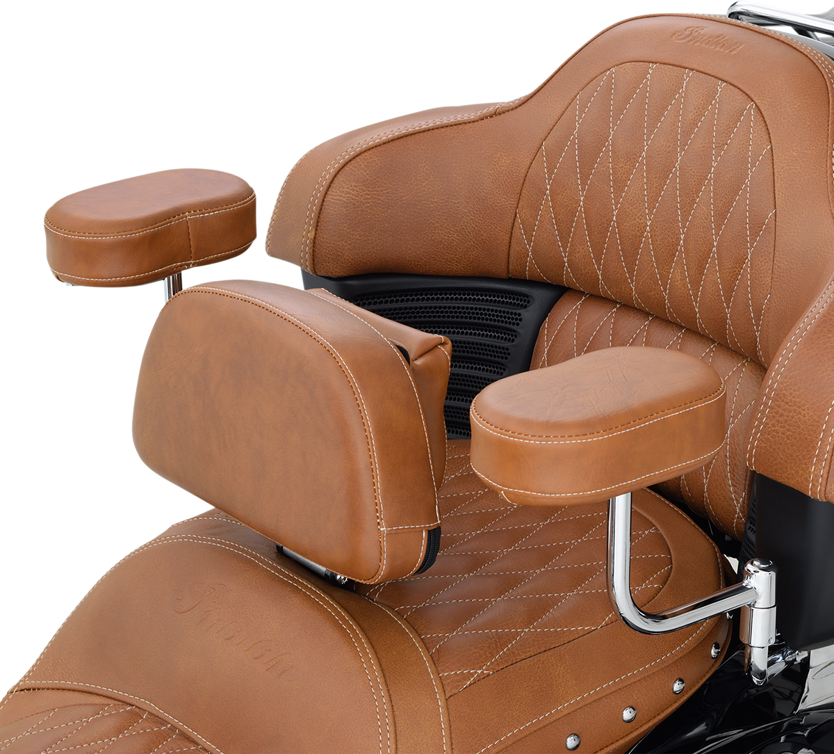 Indian Show Chrome Deluxe Passenger Armrest in tan, designed for engine enhancement, by Bill's Exhausts.