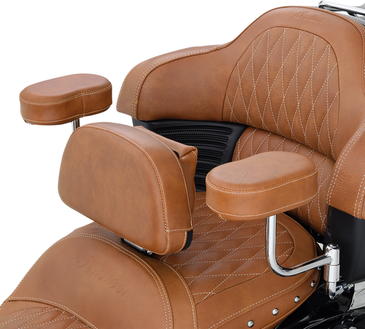 Indian Show Chrome Deluxe Passenger Armrest in tan, designed for engine enhancement, by Bill's Exhausts.