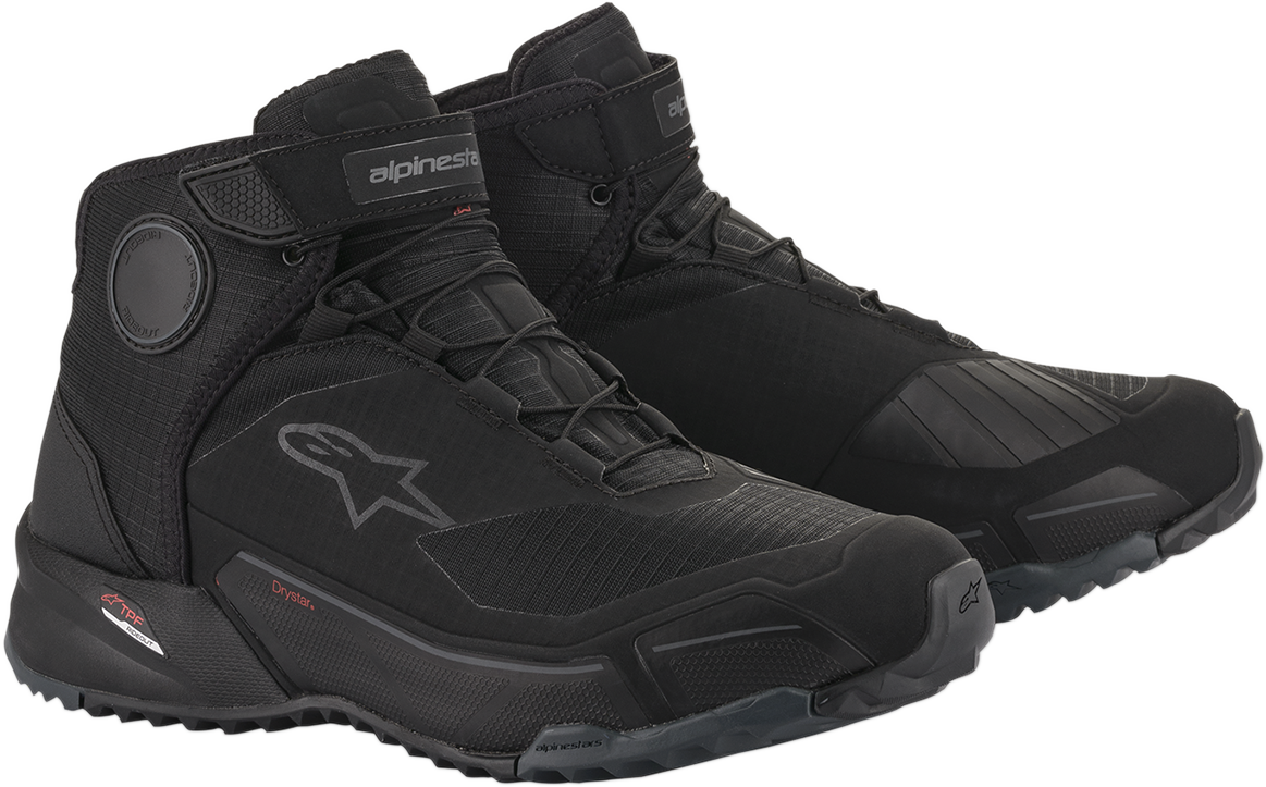 Alpinestars CR-X Drystar® black motorcycle shoes with reinforced soles and ankle protection, US size 10, on a plain background.