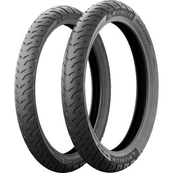 Michelin Pilot Street 2 motorcycle tire front or rear 110/80-14 59S installed on a bike wheel, showing tread pattern and sidewall details.