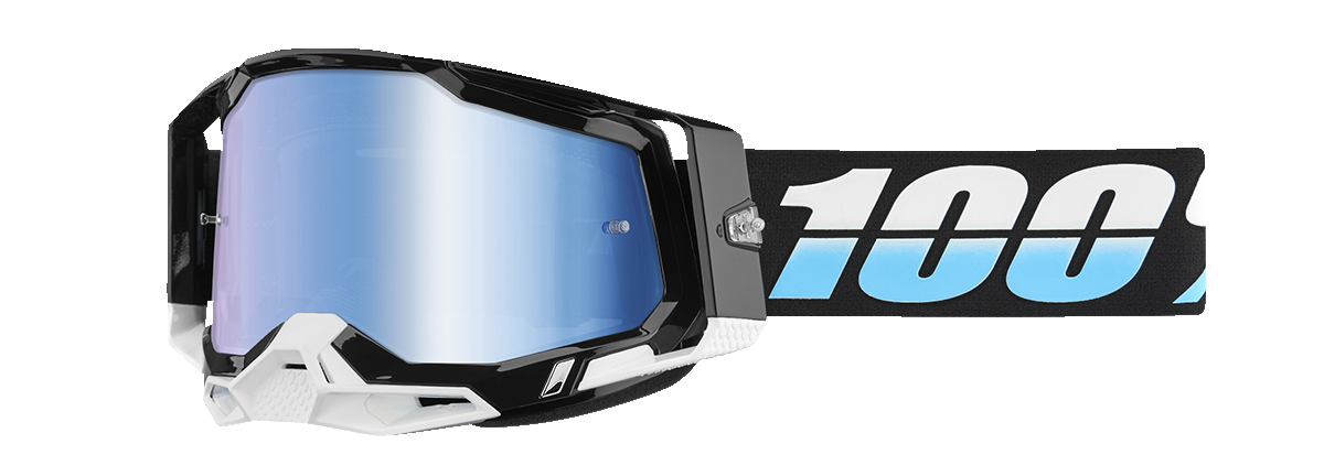 Bill's Exhausts Racecraft 2 goggles with blue mirror lenses, aerodynamic design and adjustable straps for motocross or racing.