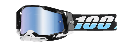 Bill's Exhausts Racecraft 2 goggles with blue mirror lenses, aerodynamic design and adjustable straps for motocross or racing.