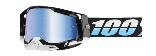 Bill's Exhausts Racecraft 2 goggles with blue mirror lenses, aerodynamic design and adjustable straps for motocross or racing.