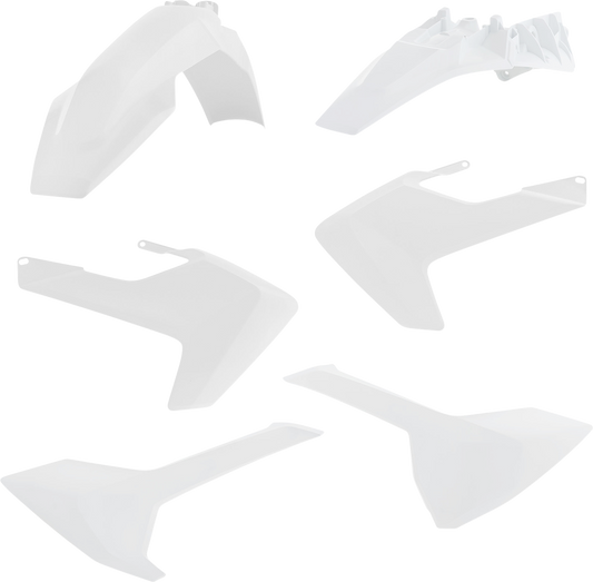 A white Acerbis standard replacement body kit for motorcycles, featuring various body panels with the Bill's Exhausts branding.