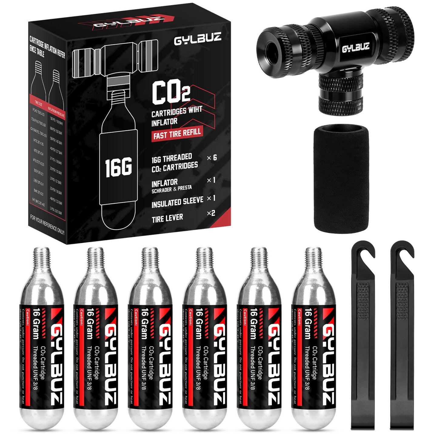 Hycline CO2 inflator set with six 16g cartridges, compact handheld tool for inflating bicycle tires and sports equipment.