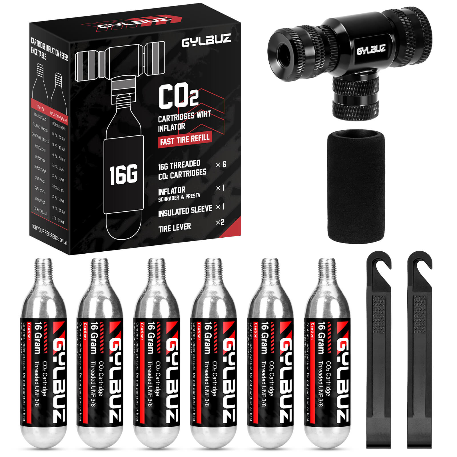 Hycline CO2 inflator set with six 16g cartridges, compact handheld tool for inflating bicycle tires and sports equipment.