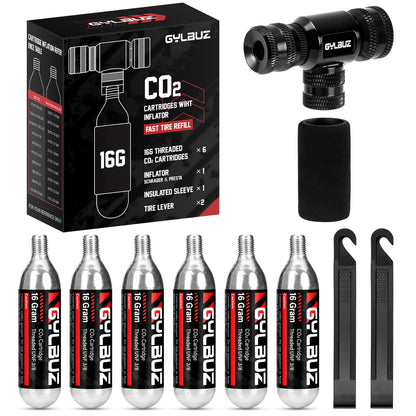 Hycline CO2 inflator set with six 16g cartridges, compact handheld tool for inflating bicycle tires and sports equipment.
