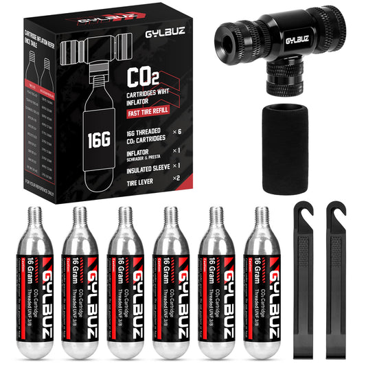 Hycline CO2 inflator set with six 16g cartridges, compact handheld tool for inflating bicycle tires and sports equipment.