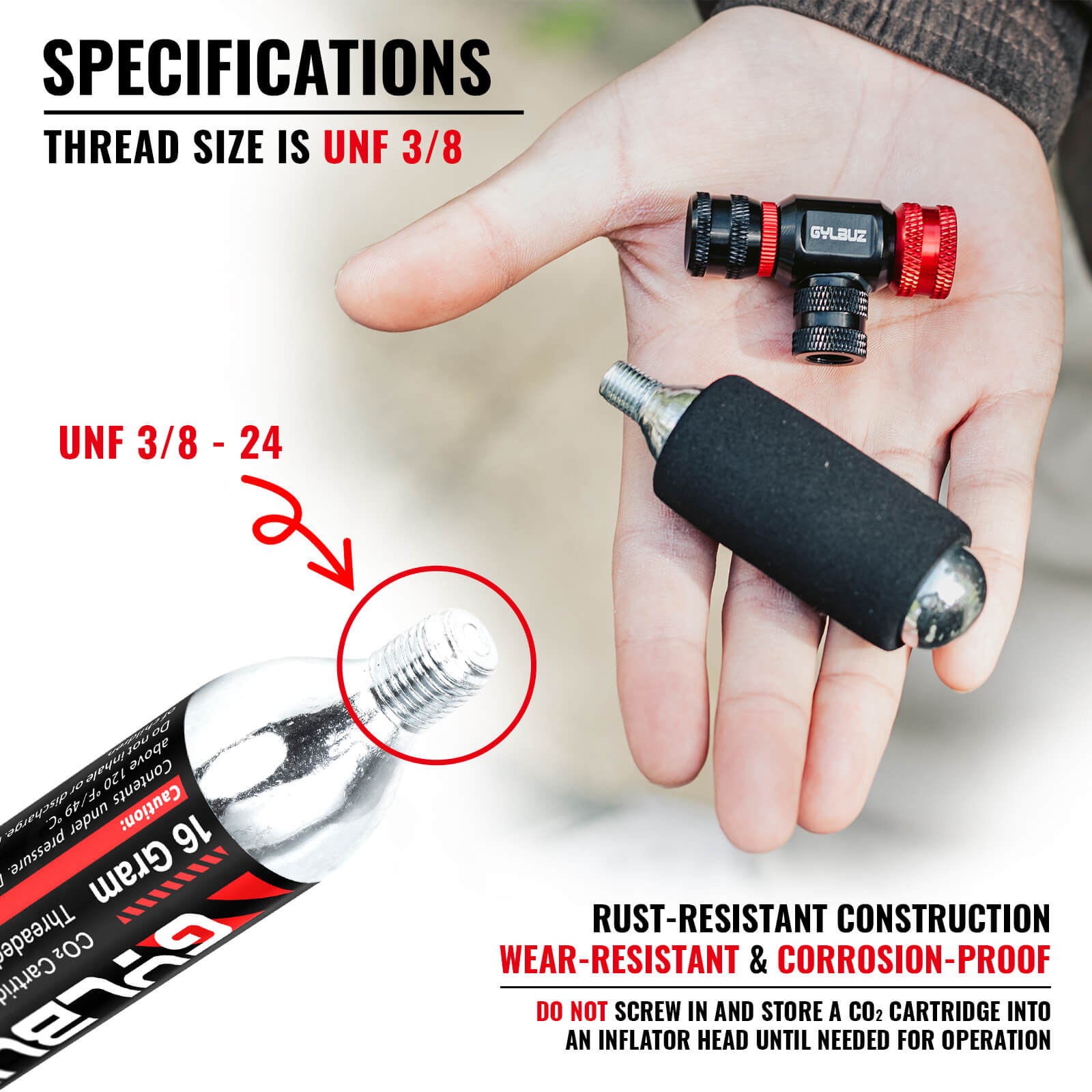 Hycline CO2 inflator set with six 16g cartridges for bike tires and inflatables, compact and easy to use.