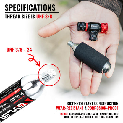 Hycline CO2 inflator set with six 16g cartridges for bike tires and inflatables, compact and easy to use.