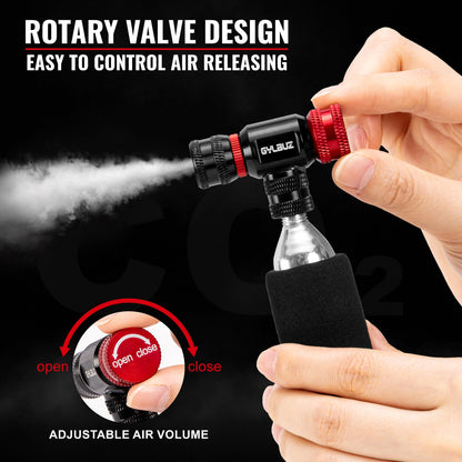Hycline CO2 inflator set with six 16g cartridges for bicycle tires and inflatables, compact and easy to use.