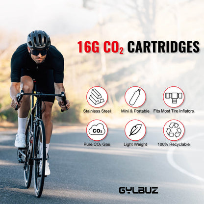 Hycline CO2 inflator set with 6×16g cartridges for bike tires and inflation tasks, shown with inflator and cartridges.
