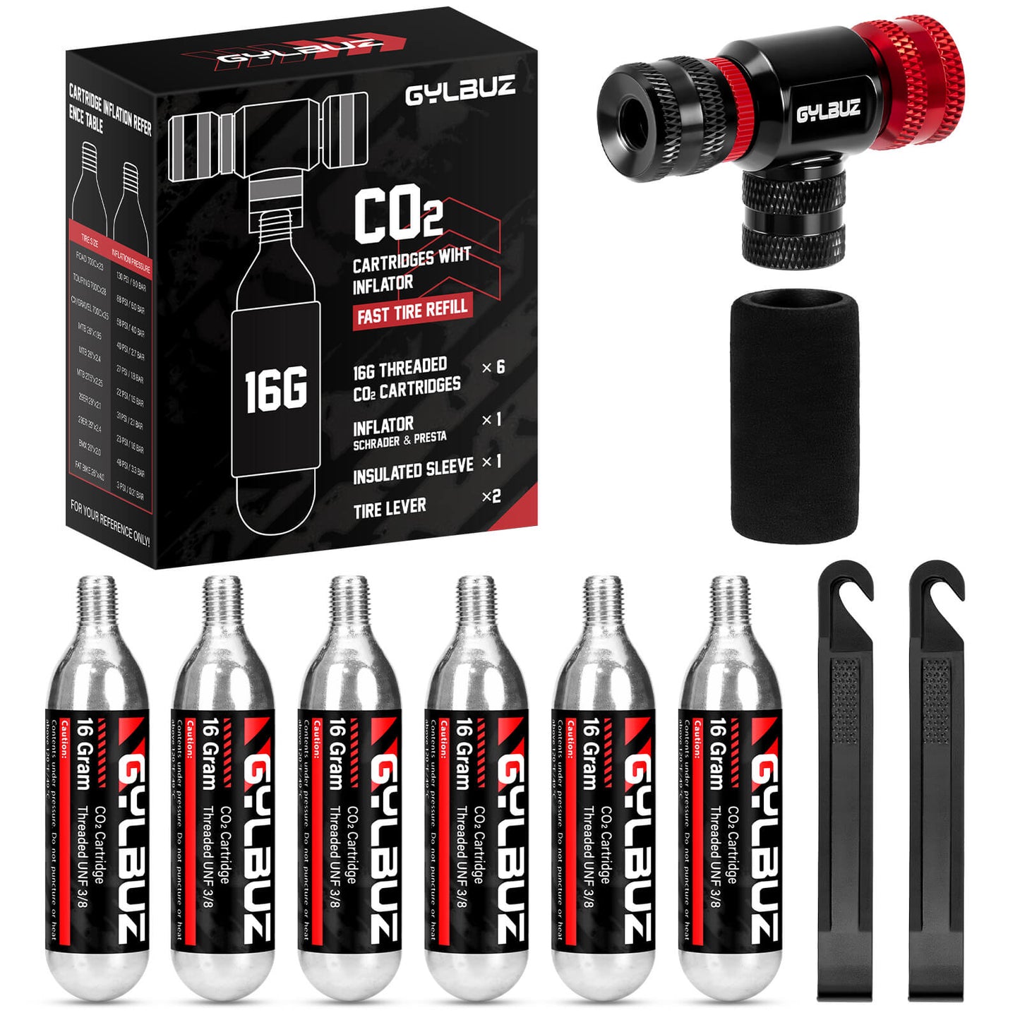 Hycline CO2 inflator set with six 16g cartridges for bike tires and inflatables, compact and easy-to-use air pump accessory