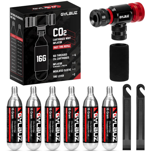 Hycline CO2 inflator set with six 16g cartridges for bike tires and inflatables, compact and easy-to-use air pump accessory