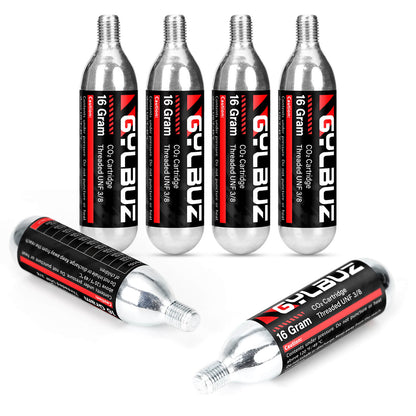 Hycline CO2 inflator set with six 16g cartridges, compact pump for bike tires and inflatables, black and silver design.