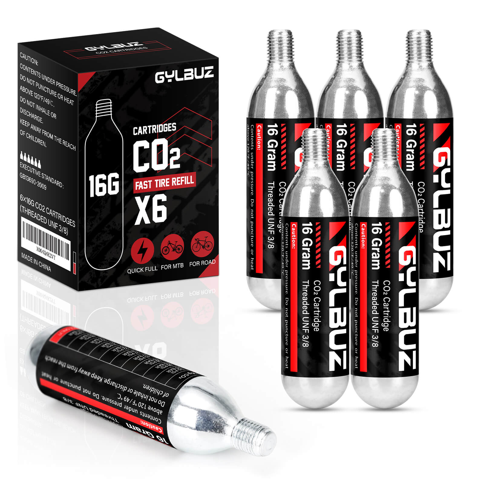 Hycline CO2 inflator set with six 16g cartridges, compact cycling tool for quick tire inflation.