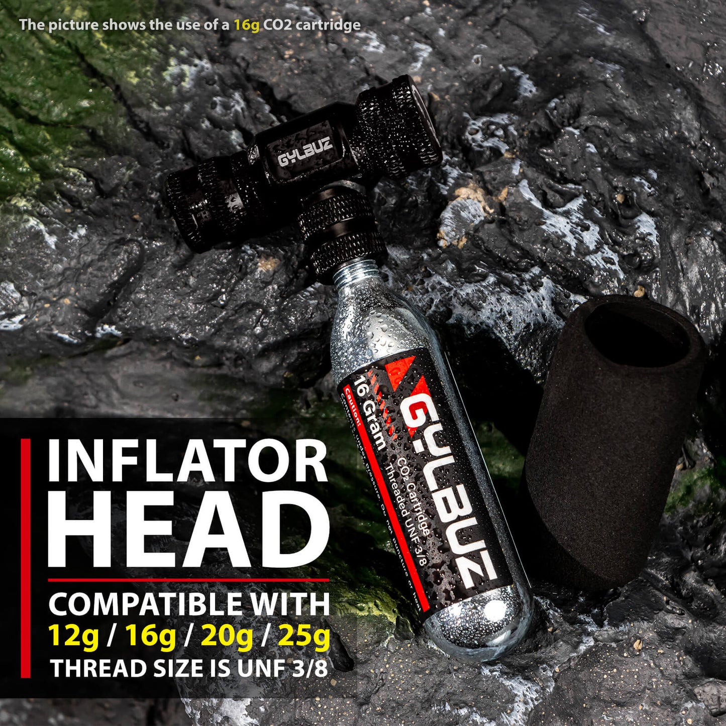 Hycline CO2 inflator set with six 16g cartridges for bike tires and inflatables, compact and easy-to-use.
