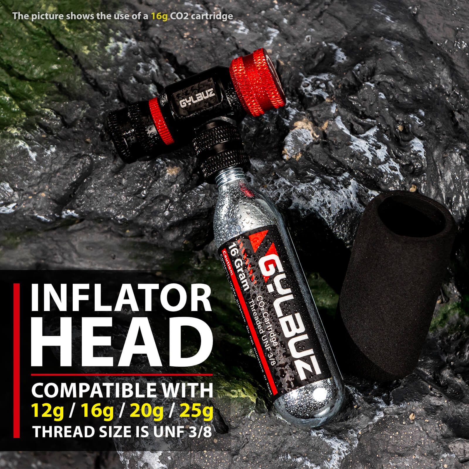 Hycline CO2 inflator set with six 16g cartridges for bike tires and inflatables, compact and easy to use.