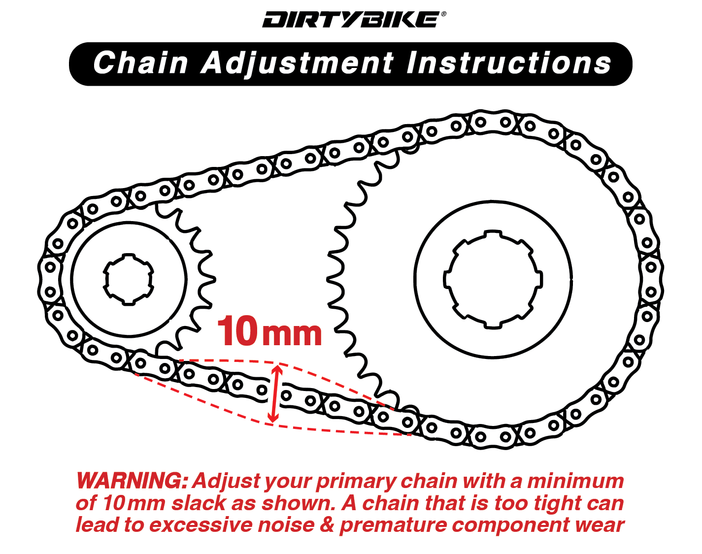 Diagram of eDirtyBike Primary Belt to Chain Conversion Kit showing chain slack adjustment for E Ride Pro 2.0 bike.