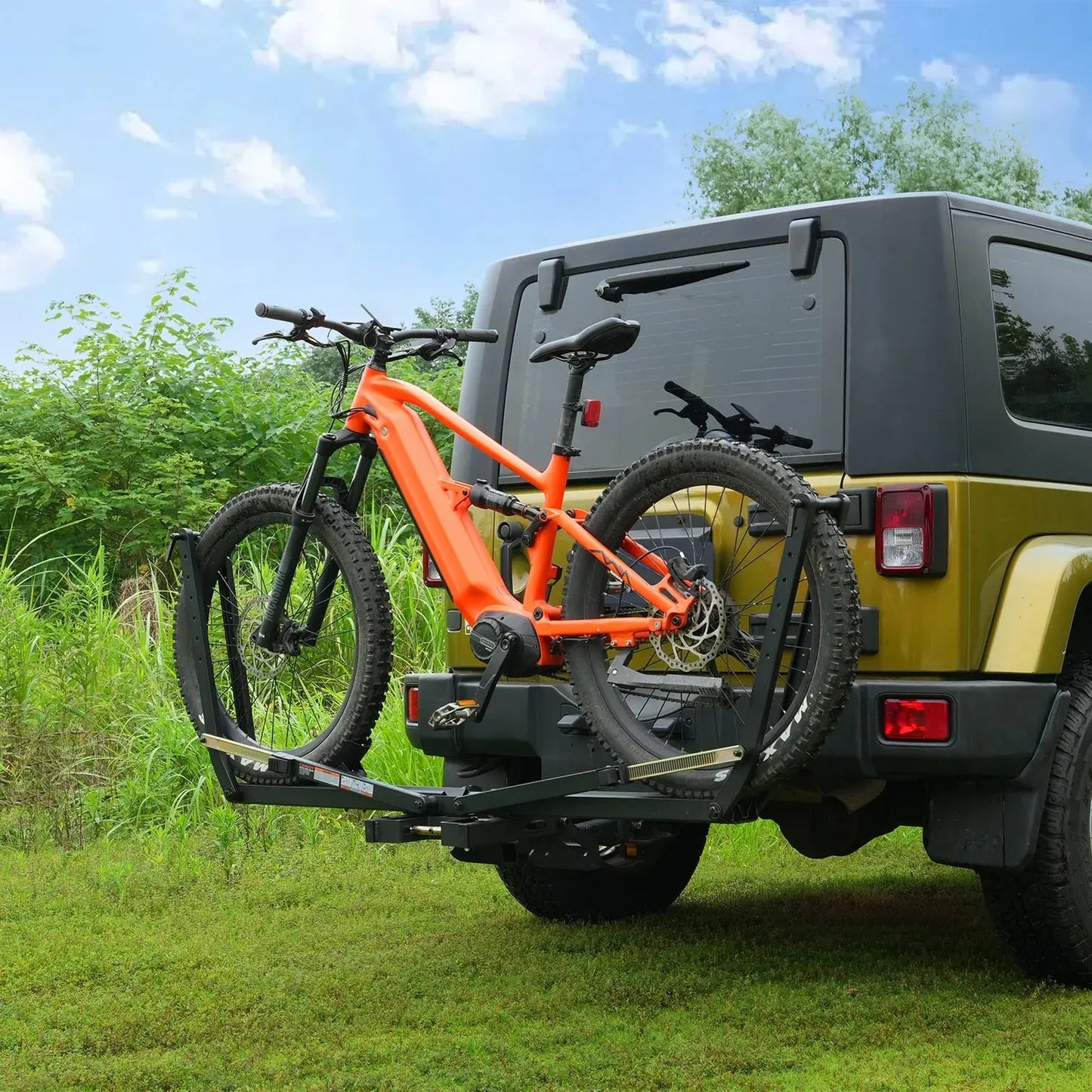 Cravot MagRack X1 foldable hitch bike rack on a vehicle with 2-inch receiver, carrying multiple bikes, designed for eJOEbike.