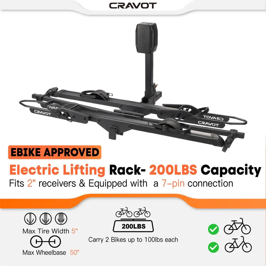 CyberRack E2 Electric Hitch Bike Rack, 2’’ Receiver, 200 LBS Capacity | CRAVOT