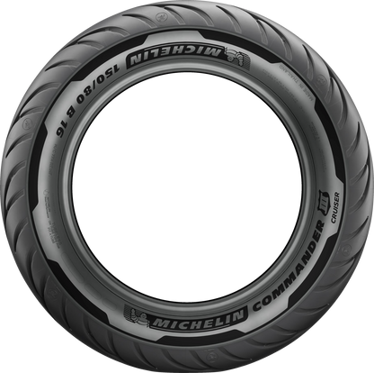 Rear Michelin Commander III tire for motorcycles, size 130/90B16, with 73H load and speed rating, shown with tread details.