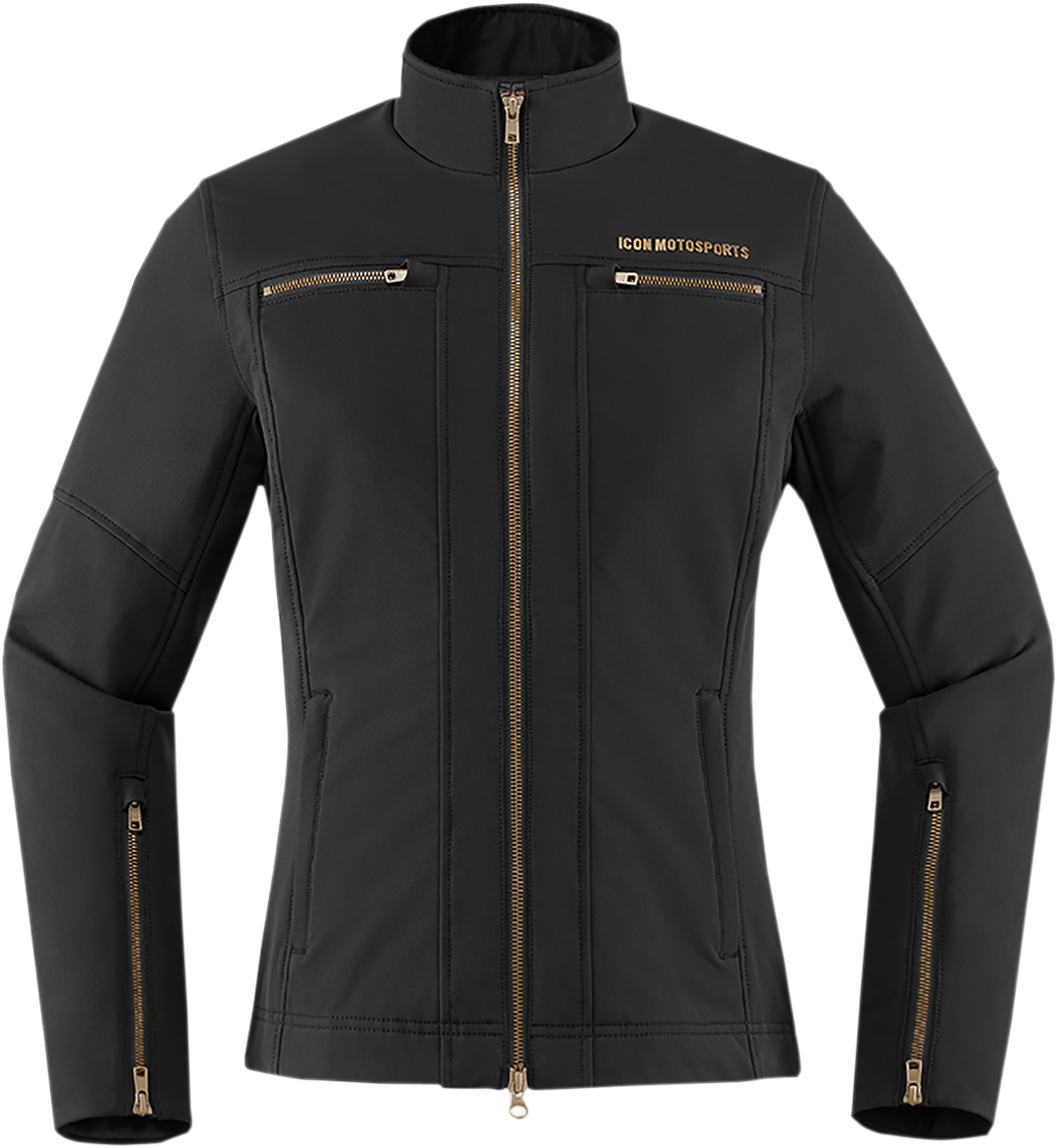 Black ICON Women's Hella2™ jacket with front zip and hood, displayed on a hanger.