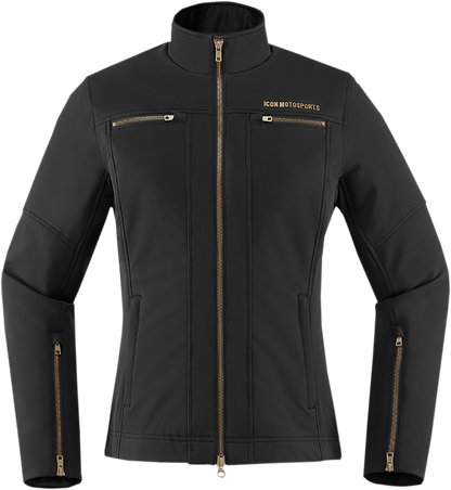 Black ICON Women's Hella2™ jacket with front zip and hood, displayed on a hanger.