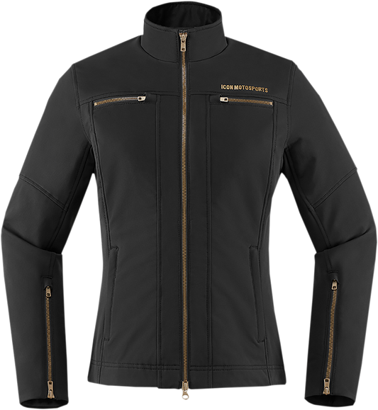 Black ICON Women's Hella2™ jacket with front zip and hood, displayed on a hanger.