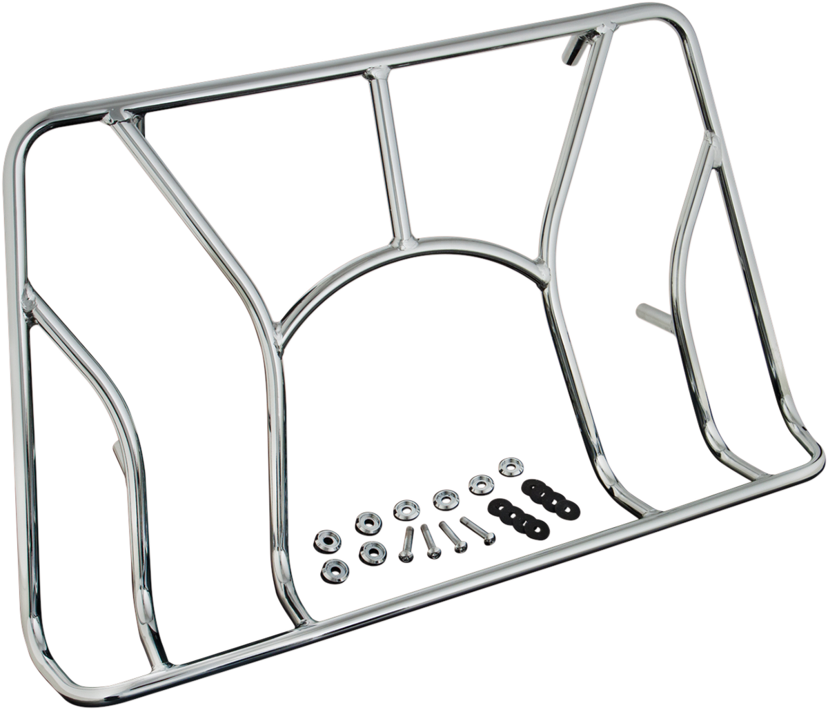 Chrome SHOW CHROME Tour Trunk Luggage Rack for engine, made by Bill's Exhausts, shown mounted on motorcycle engine.