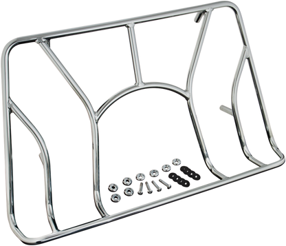 Chrome SHOW CHROME Tour Trunk Luggage Rack for engine, made by Bill's Exhausts, shown mounted on motorcycle engine.