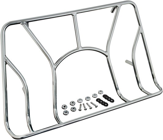Chrome SHOW CHROME Tour Trunk Luggage Rack for engine, made by Bill's Exhausts, shown mounted on motorcycle engine.